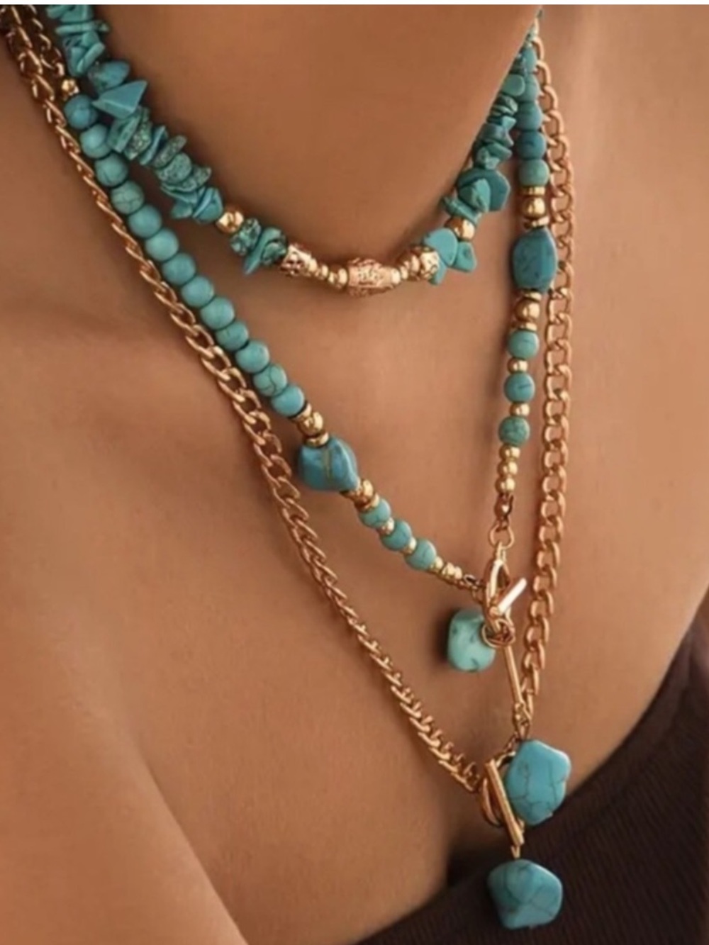 New Turquoise Gold Boho Stack Necklace Set
